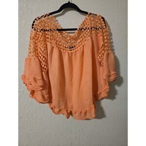 Zac & Rachel Sz. M Coral Crochet Belle Sleeve Oversize Ruffle Top